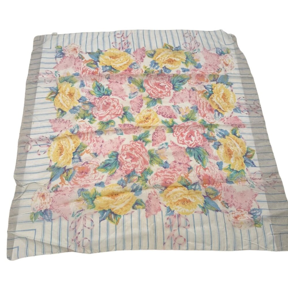 Vtg 80s Floral Rayon Scarf 36x36 Current Inc Pink Yellow Roses Blue Stripe India